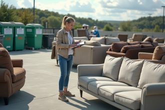 Femme en jeans discutant avec un agent de recyclage devant un centre écologique