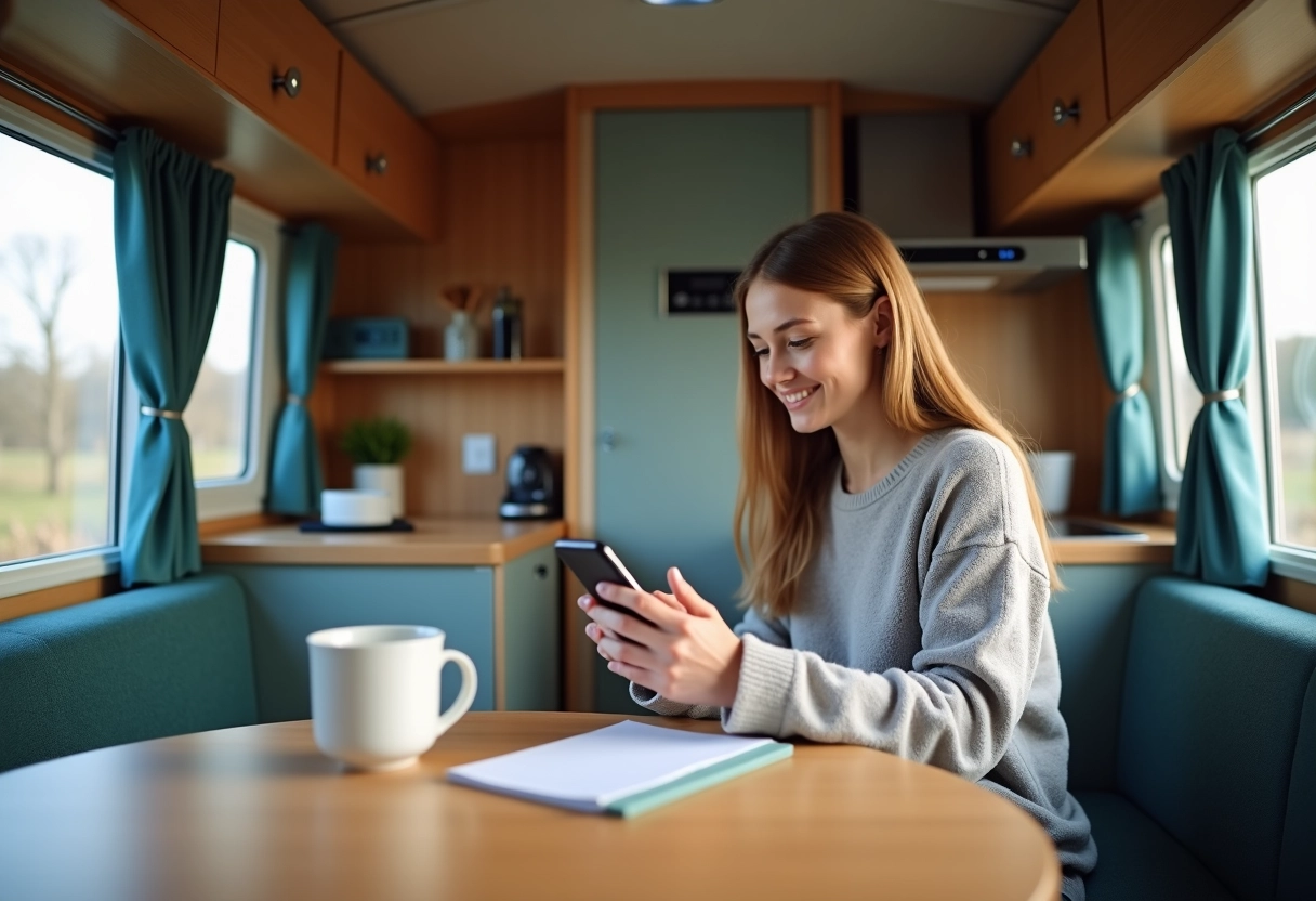 Jeune femme entrant un code de panne Truma dans un caravan