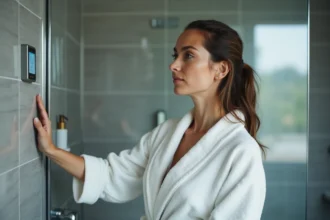 Femme en peignoir blanc ajustant le robinet de douche dans une salle de bain moderne avec compteur d'eau