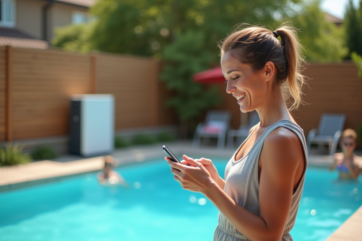 Femme regardant son smartphone près de la piscine avec pompe à chaleur