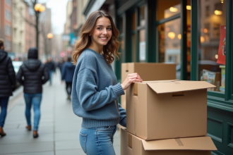 Jeune femme souriante inspectant des cartons de déménagement dehors