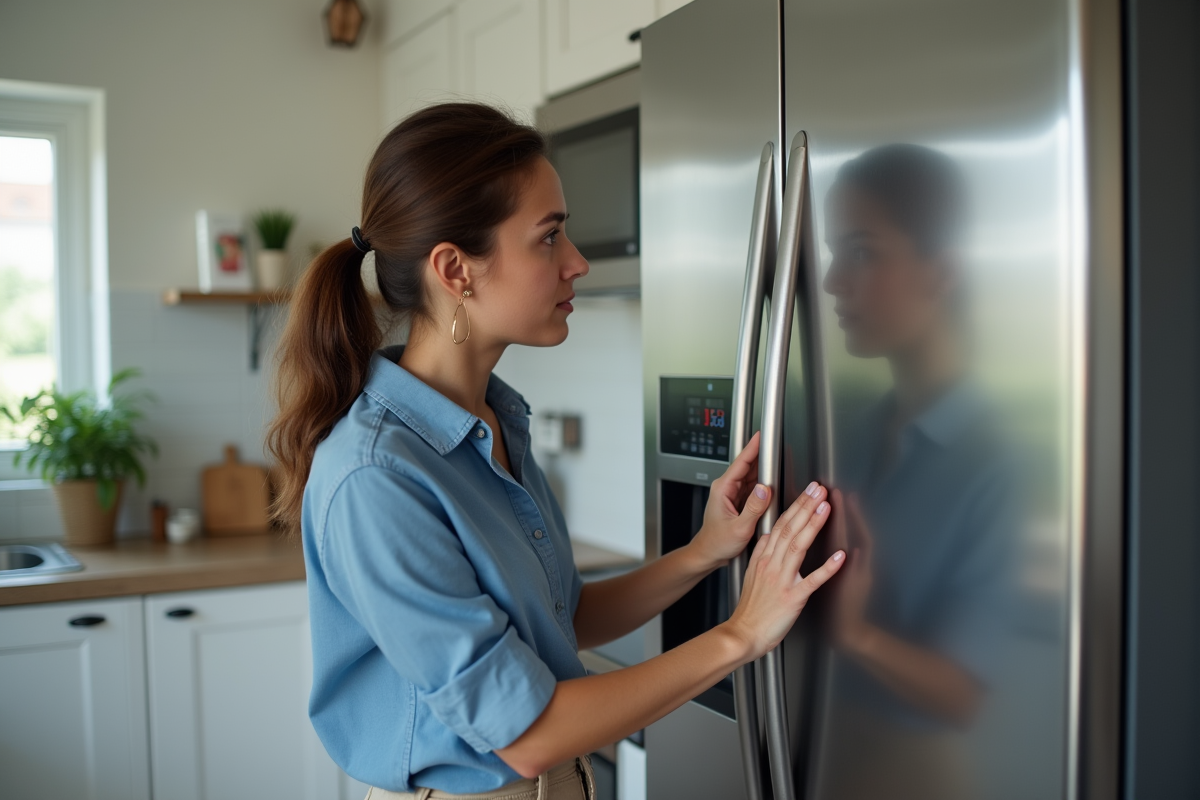 Femme vérifiant affichage de consommation dans son frigo