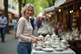 Femme souriante arrangeant porcelaine vintage au marché en plein air