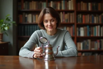 Femme examinant un vieux thé en argent avec loupe