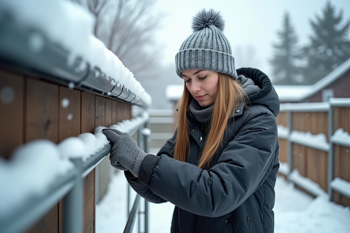 Jeune femme préparant une gouttière en hiver neigeux