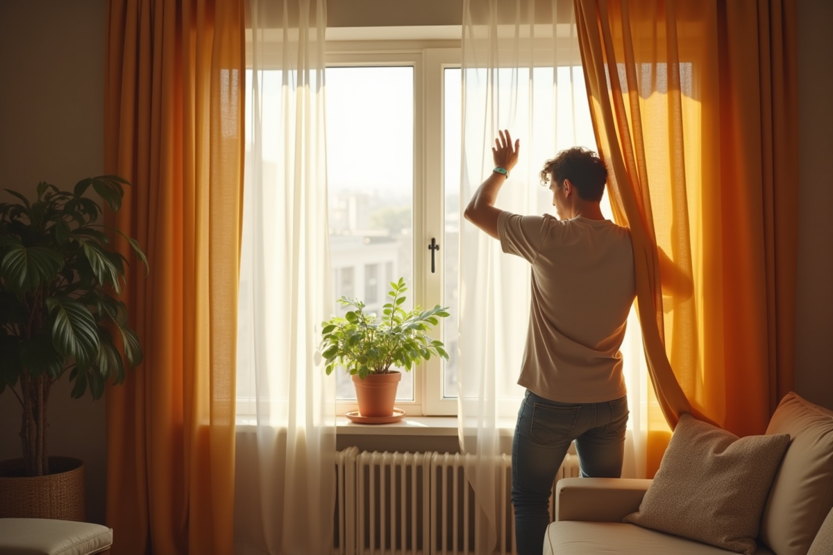 Personne fermant les rideaux dans un salon lumineux et apaisant