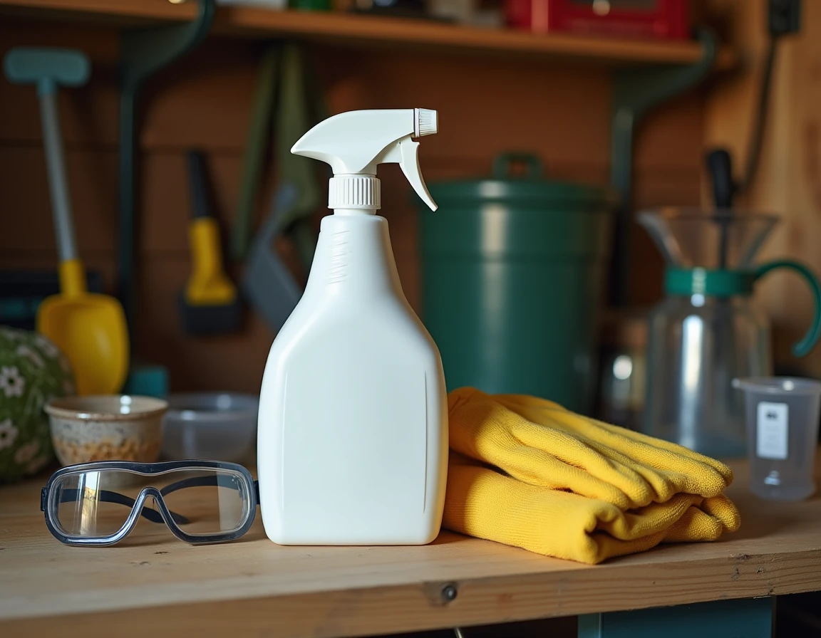 Flacon de produit insecticide Aedex EC posé sur un établi avec équipements de protection individuelle