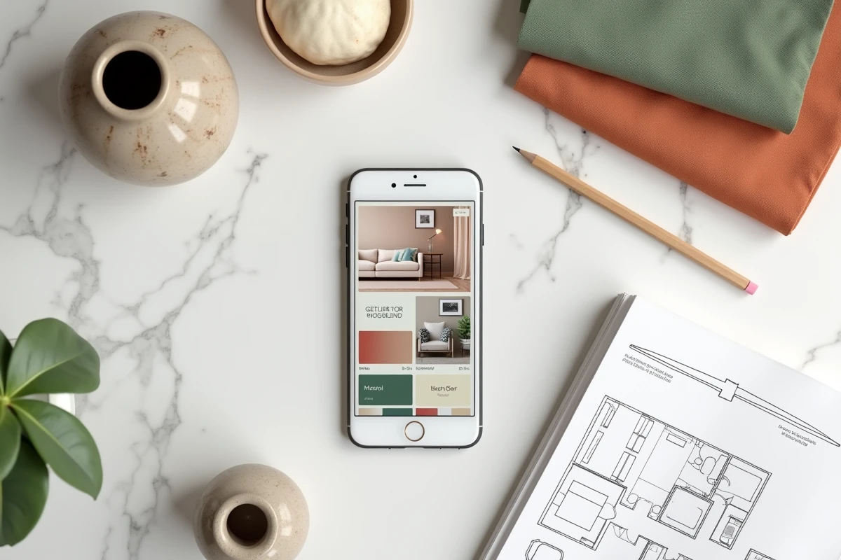 Vue aérienne d'un smartphone avec application de décoration intérieure entouré de swatches de tissu et d'un plan d'intérieur sur marbre blanc