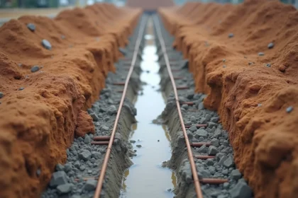 Fondation en béton armé pour mur de clôture en cours de coulage dans une tranchée excavée avec ferraillage apparent