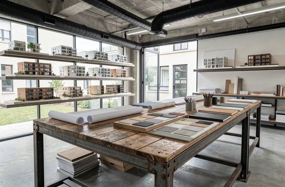 Studio de travail de GEA Architecture dans les Hauts-de-Seine, avec grande table de travail en acier et chêne et maquettes de projets résidentiels