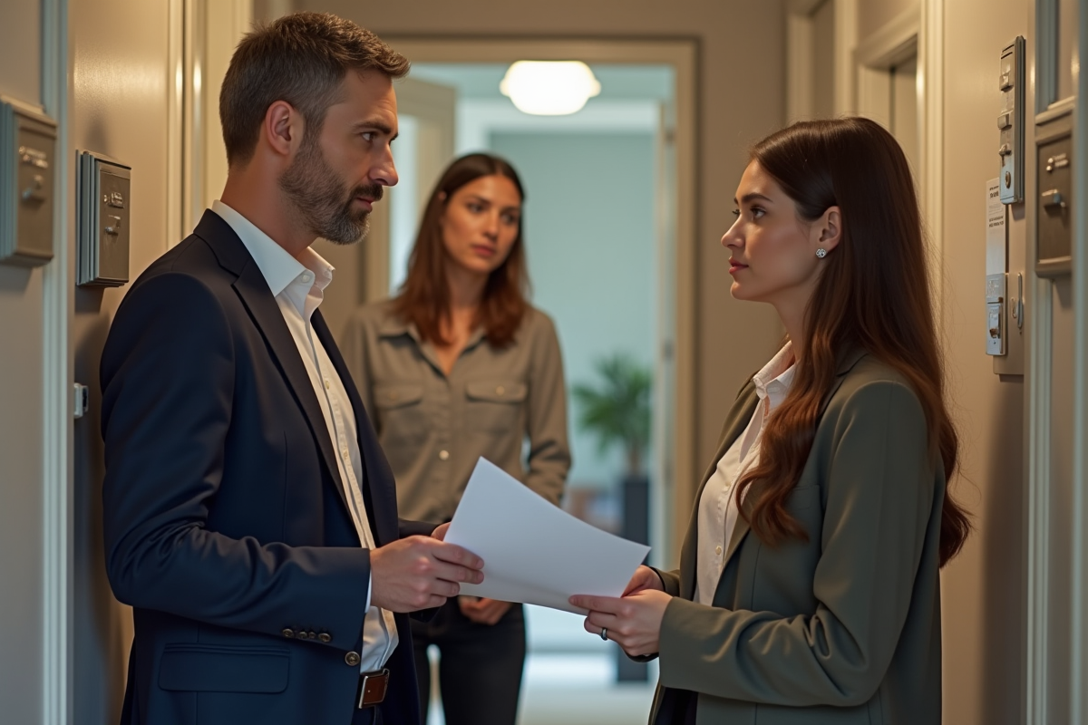 Agent immobilier présentant un contrat de location à un couple