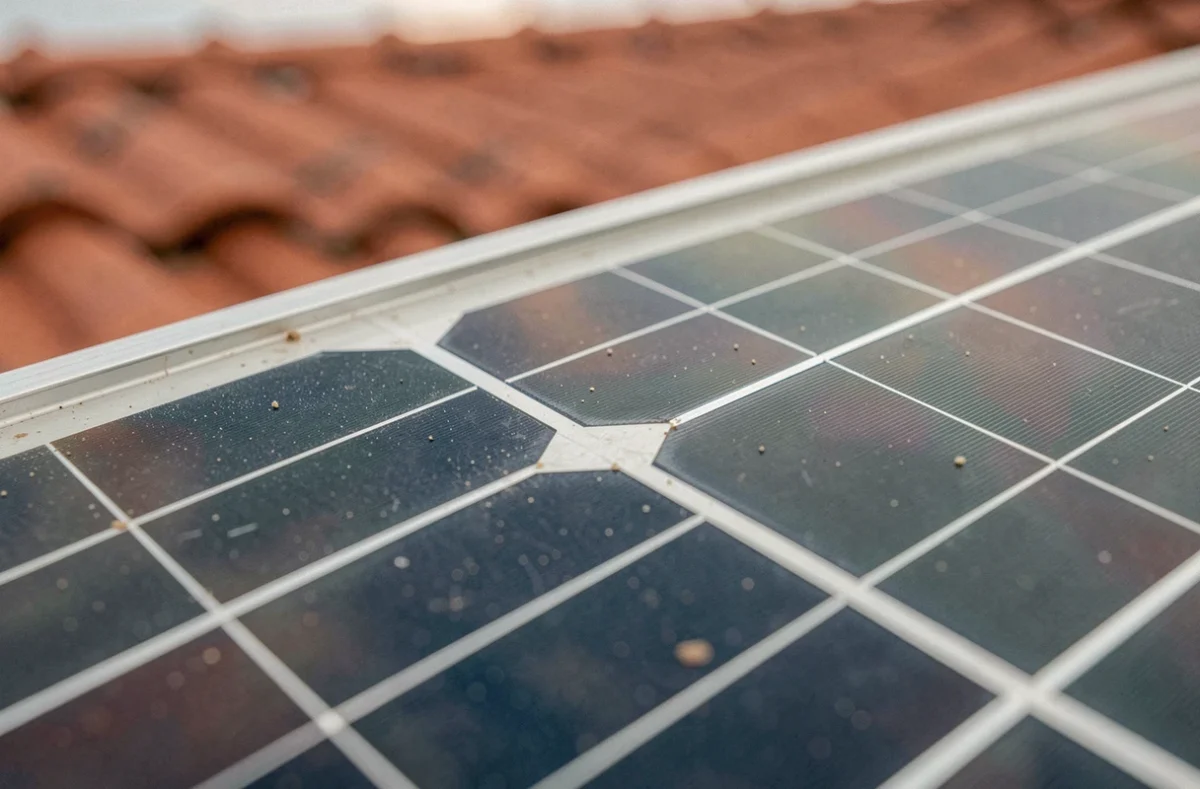Gros plan sur les cellules photovoltaïques d'un panneau solaire Antarion montrant les détails des busbars et du verre trempé