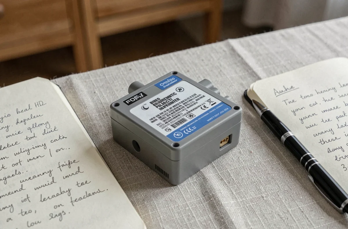Gros plan d'un inverseur de polarité électromagnétique posé sur une surface en lin avec un journal de notes manuscrites, photo de test utilisateur réaliste