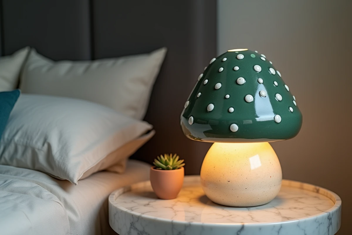 Gros plan d'une lampe champignon artisanale vert forêt sur une surface en marbre avec succulente et bougie décorative