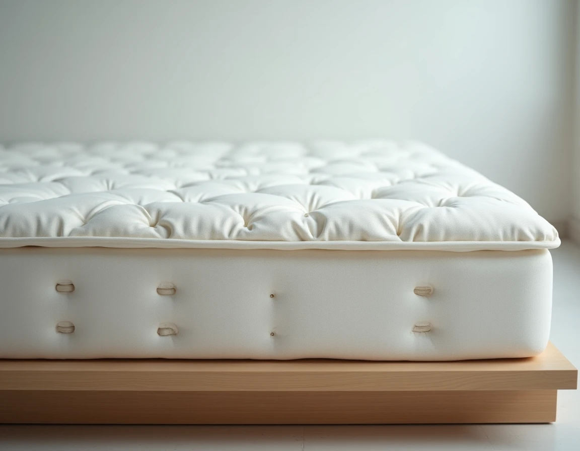 Gros plan sur la surface abîmée d'un matelas de mauvaise qualité montrant des irrégularités, coutures défectueuses et tissu usé