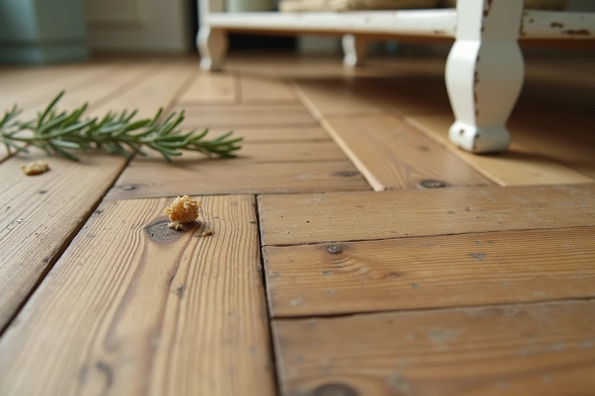 Gros plan sur un parquet en chêne usé dans une cuisine de campagne avec table en bois peint en blanc