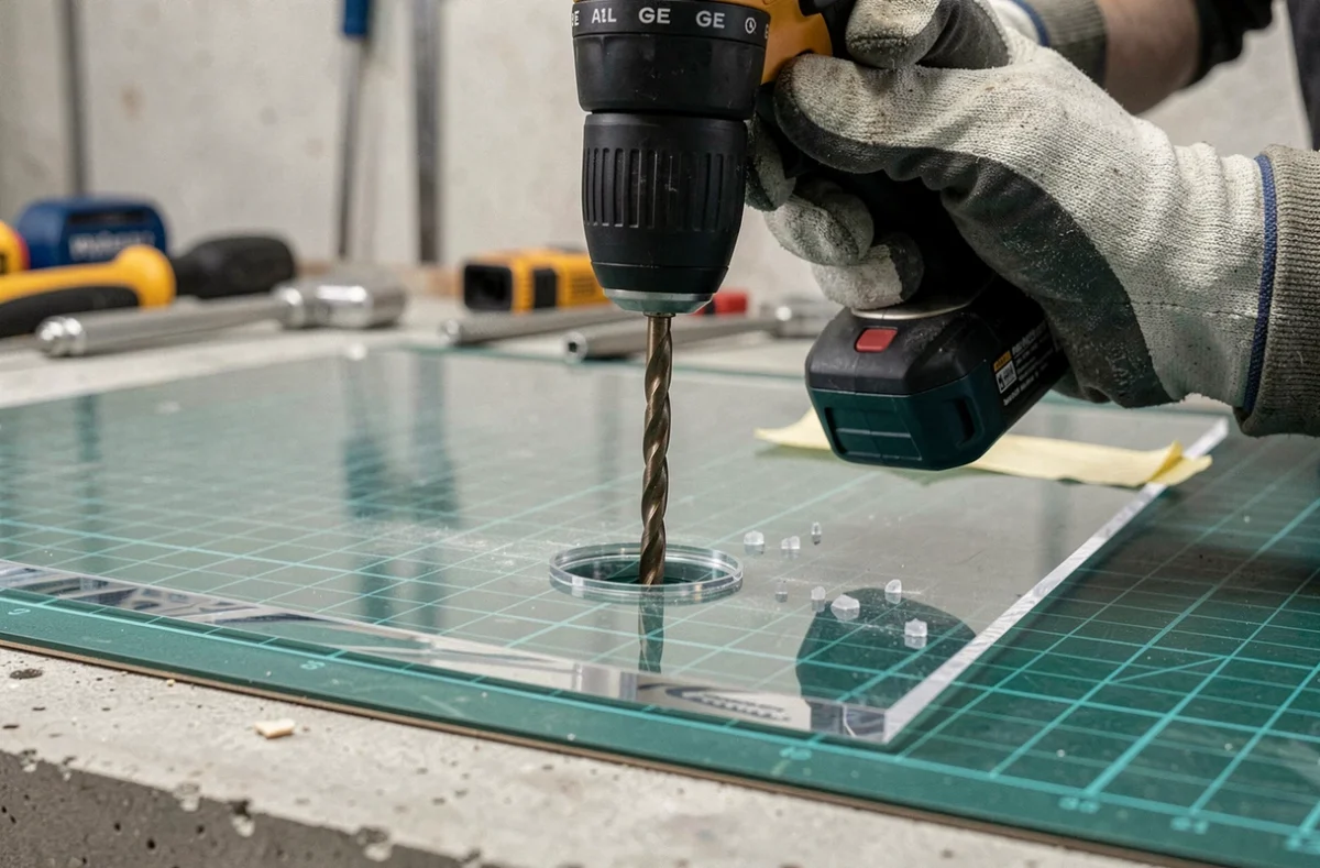 Gros plan sur un trou propre percé dans du plexiglas transparent sans fissure avec une mèche de perceuse