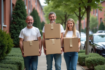 Groupe de quatre adultes portant des cartons devant un immeuble