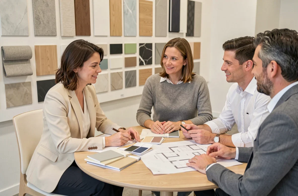Consultante du réseau Hemea présentant des échantillons de matériaux à des clients dans un showroom du 92, pour un projet de rénovation