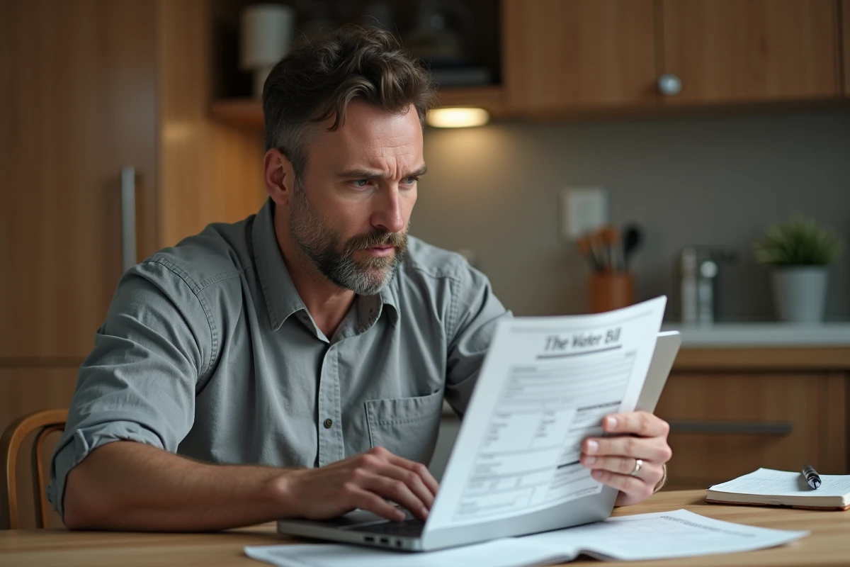 Homme consultant sa facture d'eau papier et son ordinateur portable dans une cuisine pour analyser sa consommation d'eau de douche