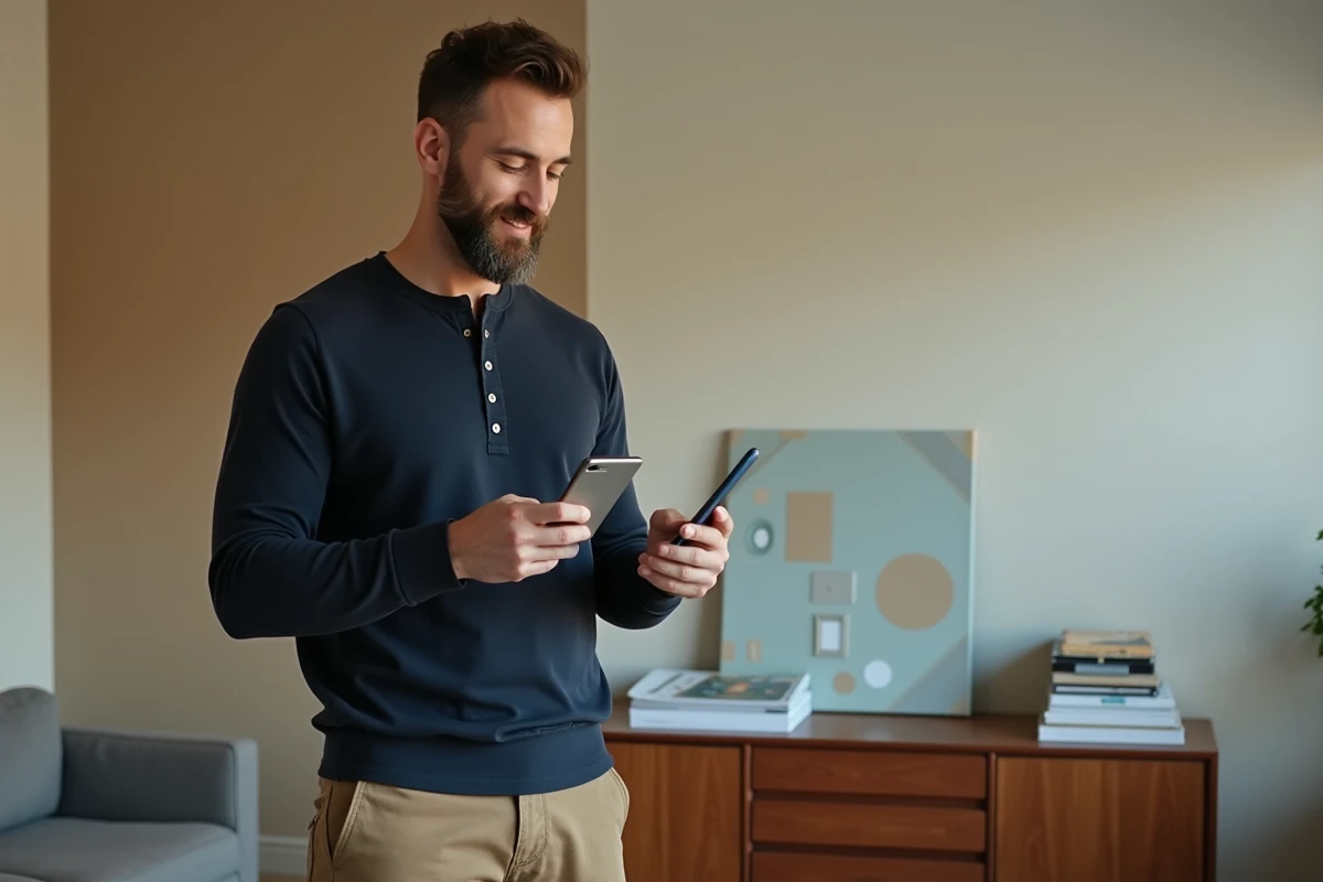 Homme consultant une application de planification de décoration sur smartphone devant un mur en cours de rénovation