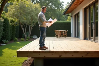 Homme en jeans et pull clair examine plans sur terrasse en bois