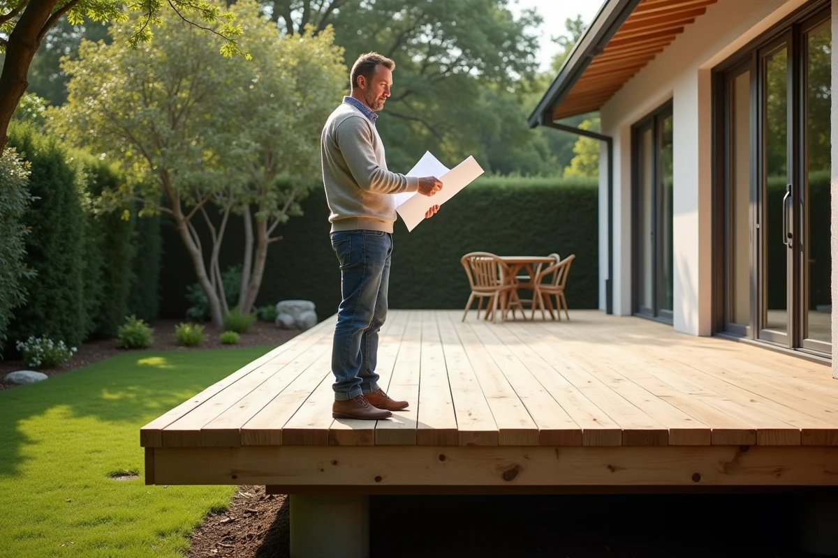 Homme en jeans et pull clair examine plans sur terrasse en bois