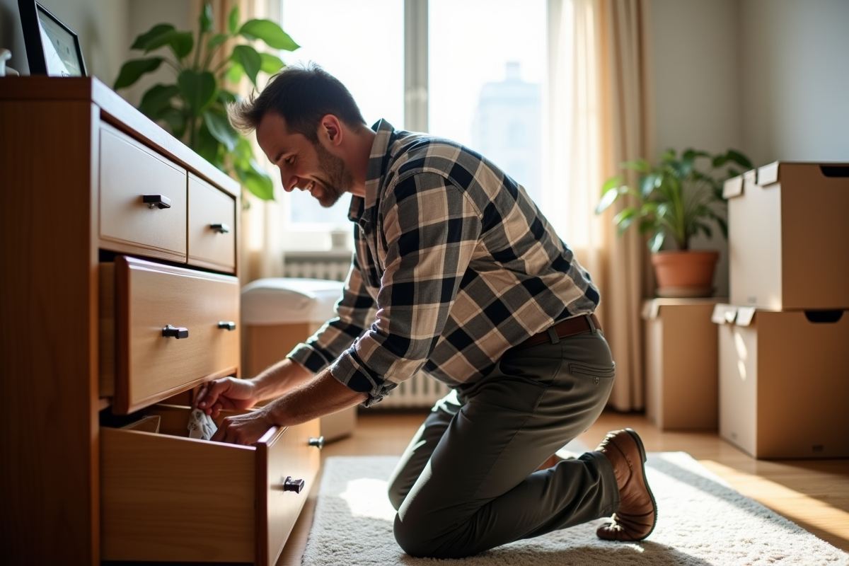 Homme d age attachant une latch de securite sur un tiroir