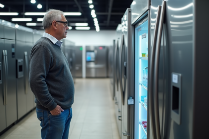 Homme comparant étiquettes énergétiques de réfrigérateurs