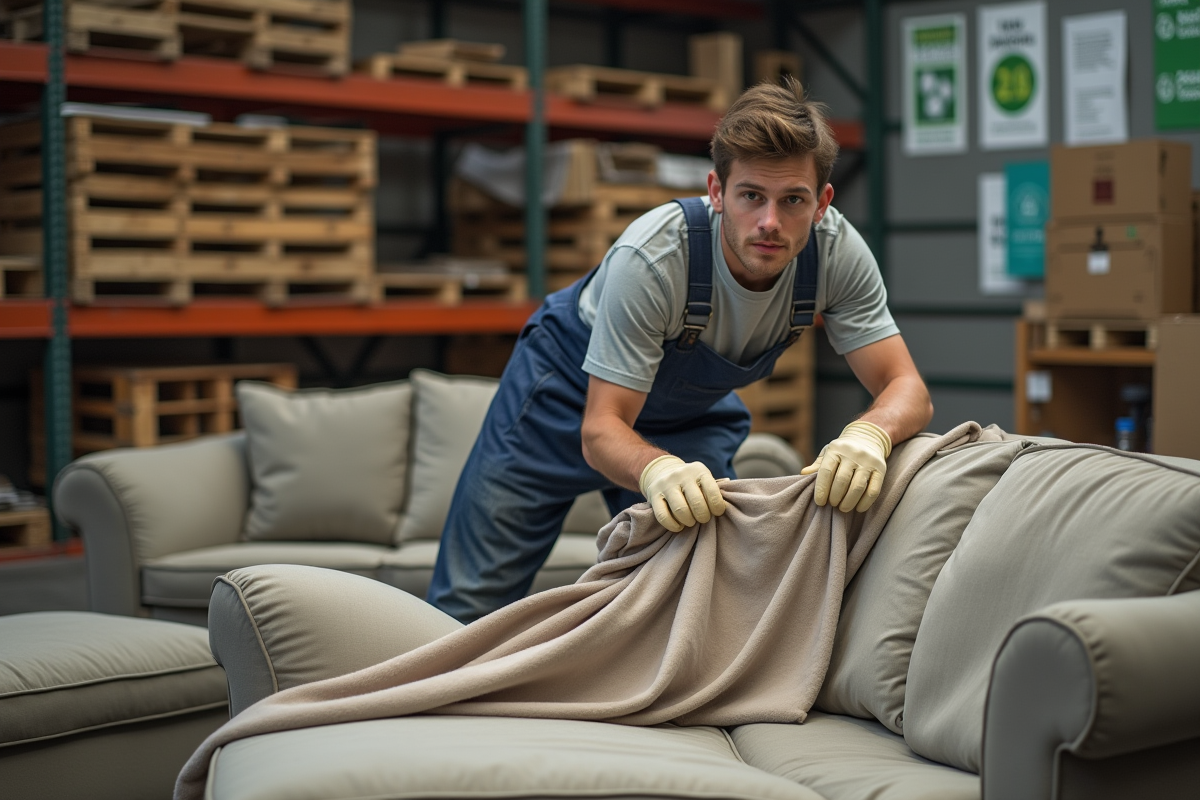 Jeune homme en tenue de travail démontant un canapé dans un atelier de réemploi