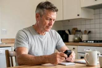 Homme d'âge mûr examinant un inverseur de polarité électromagnétique à une table de cuisine en bois, expression concentrée et réfléchie