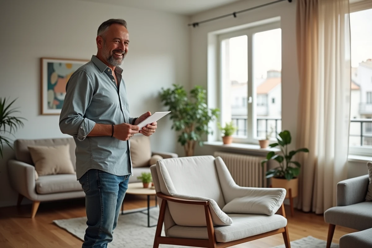 Homme français souriant avec une chaise design dans un salon lumineux