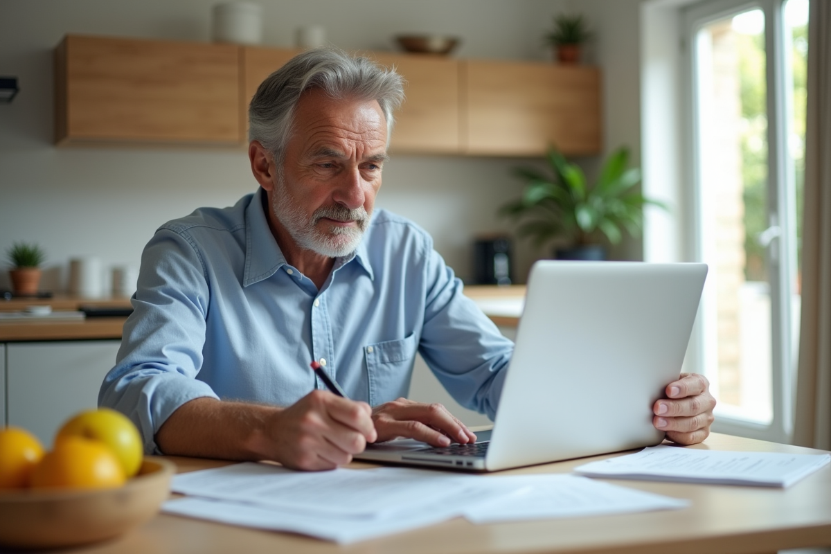 Homme français travaillant sur un ordinateur dans une cuisine moderne