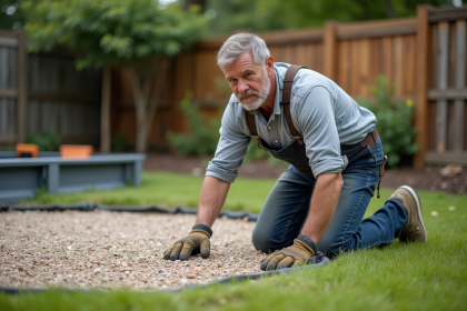Homme posant la base de la piscine dans le jardin