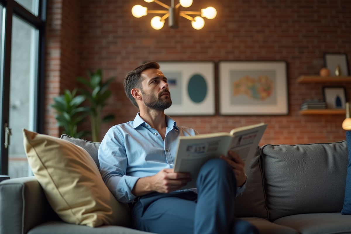 Homme lisant un magazine sous un lustre design dans son appartement