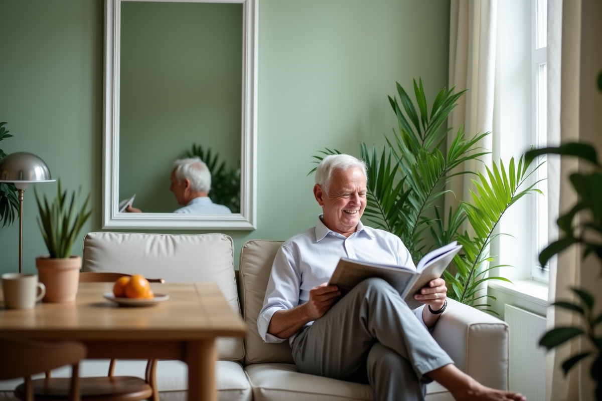 Homme d age lisant un magazine dans un salon accueillant