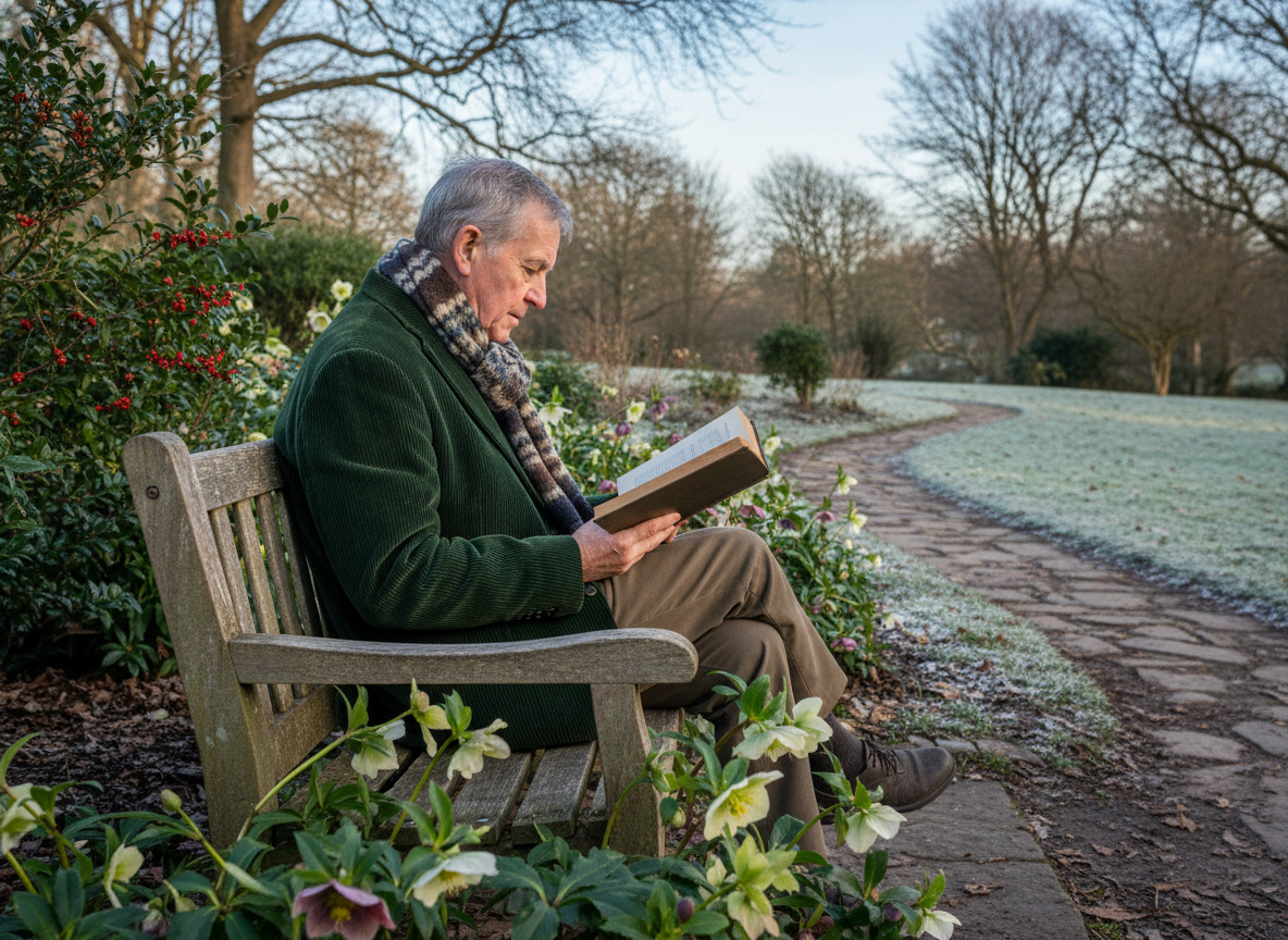 Homme âgé lisant dans un parc en hiver