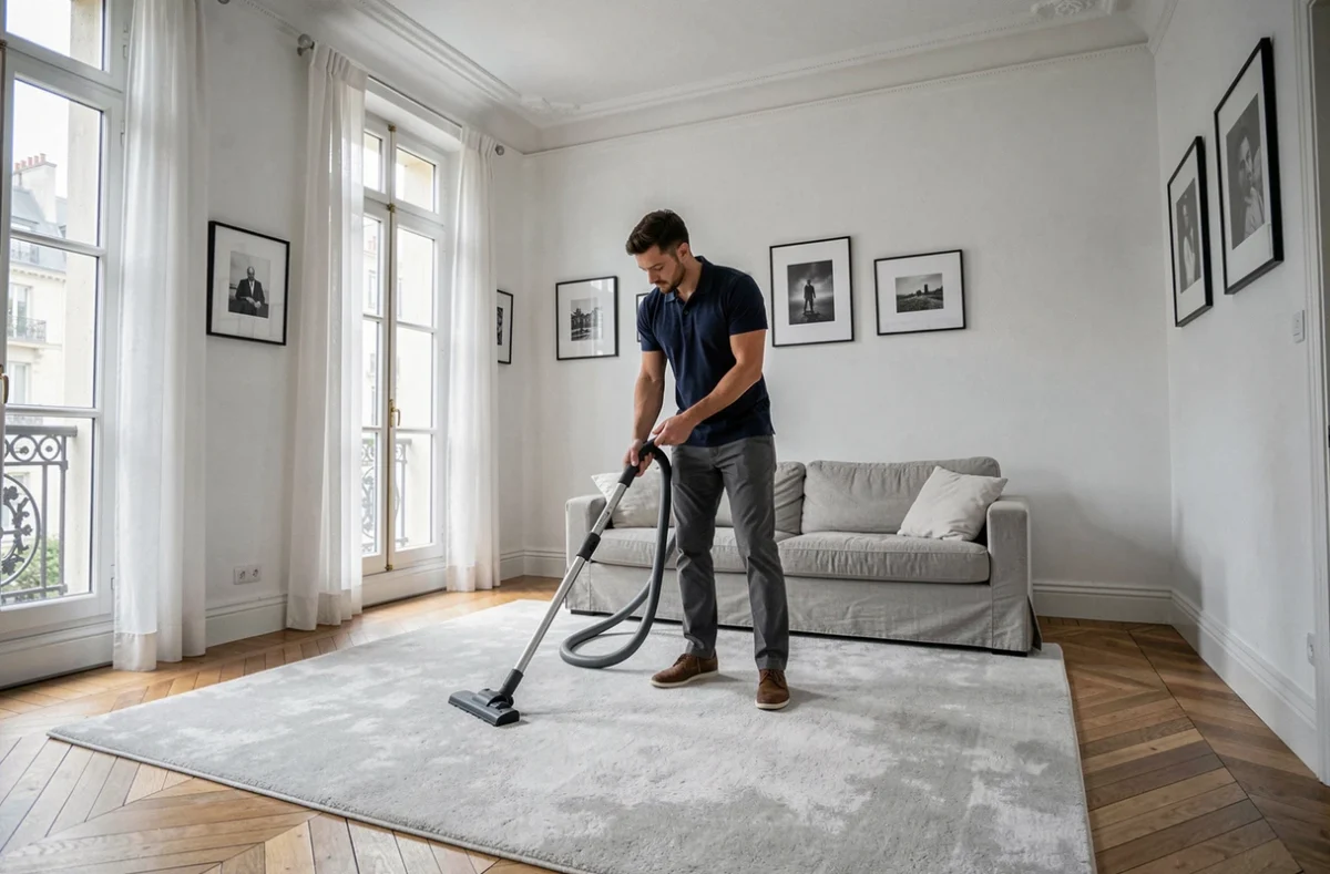 Homme de ménage passant l'aspirateur sur un tapis dans un salon haussmannien parisien bien décoré