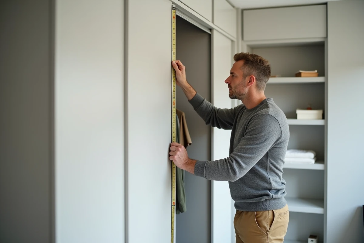 Homme mesurant un mur blanc dans un intérieur moderne