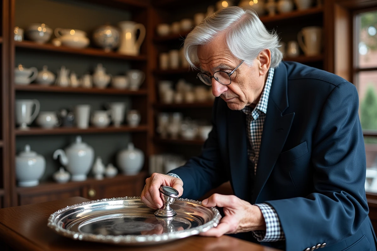Homme inspectant un plateau en argent dans une boutique d