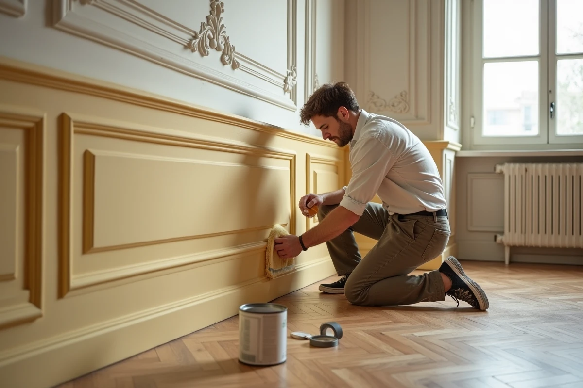 Homme ponçant des lambris jaunis dans un salon haussmannien avant l'application d'une peinture blanche pour boiseries