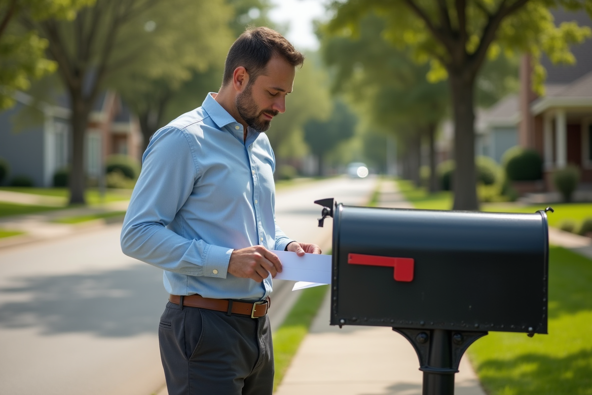 Homme déposant une lettre dans une boîte aux lettres dans un quartier résidentiel