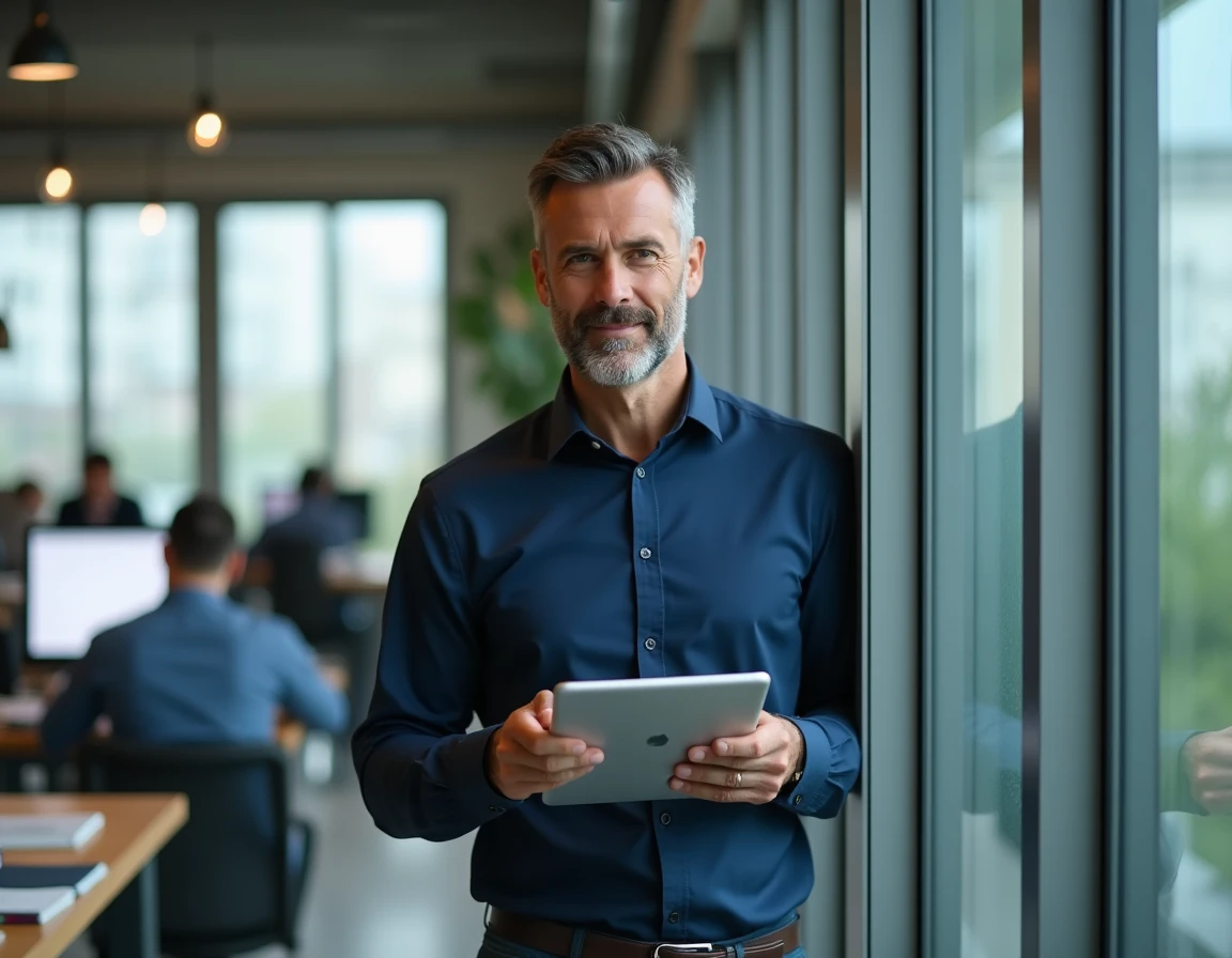 Homme professionnel consultant un site d'informations françaises sur une tablette dans un bureau moderne