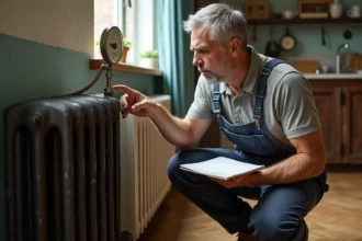 Homme en overalls inspectant un radiateur en maison ancienne