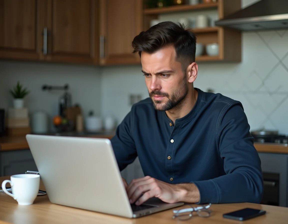 Homme lisant des avis clients sur un ordinateur portable pour évaluer une marque de matelas, illustrant la recherche d'informations avant achat
