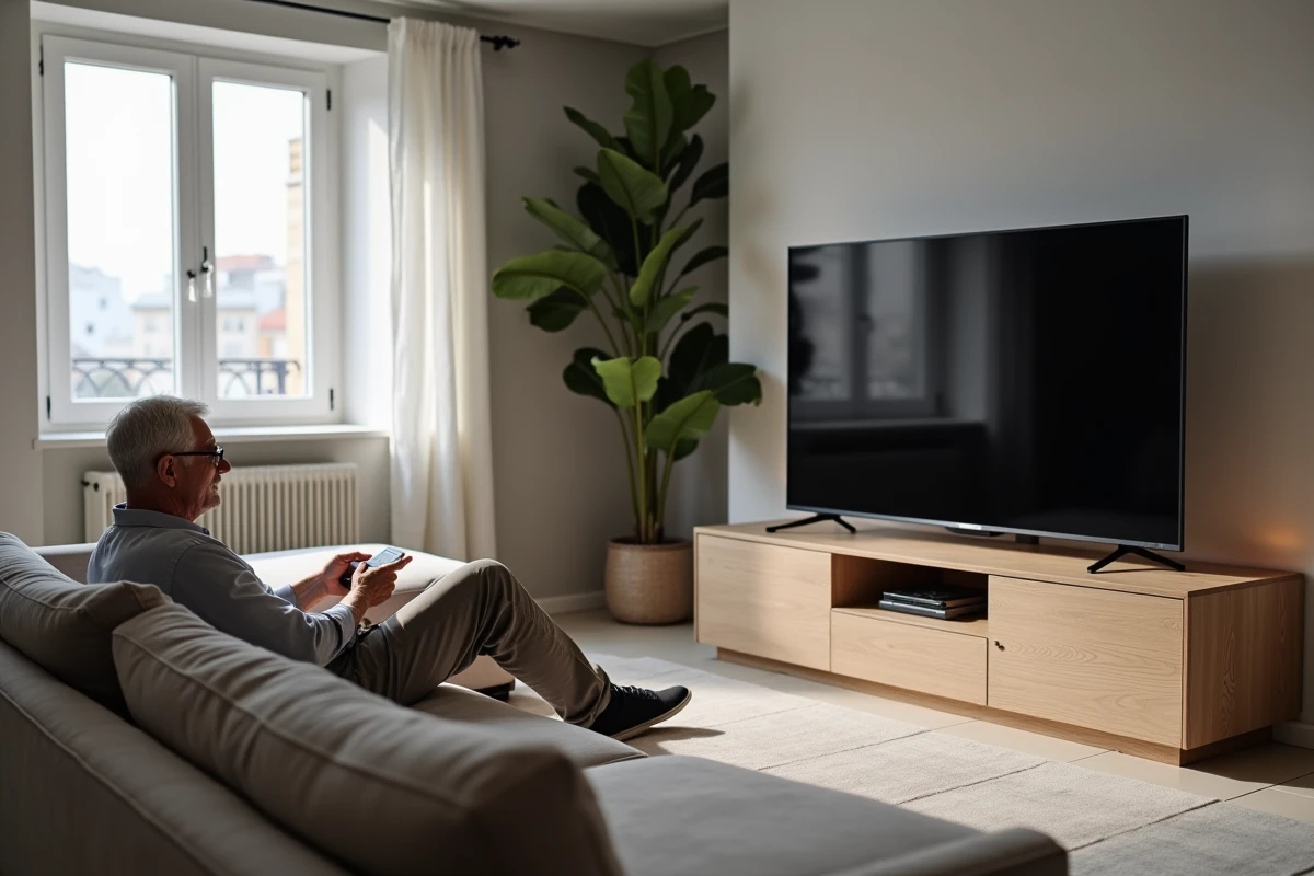 Homme âgé regardant la télévision dans un salon minimaliste