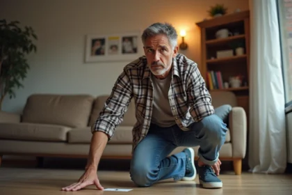 Homme inquiet examine une lampe encastrée dans un salon moderne
