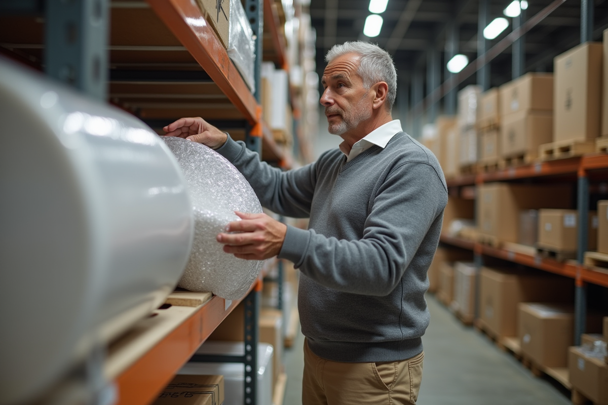 Homme choisissant un rouleau de bulles dans un entrepôt