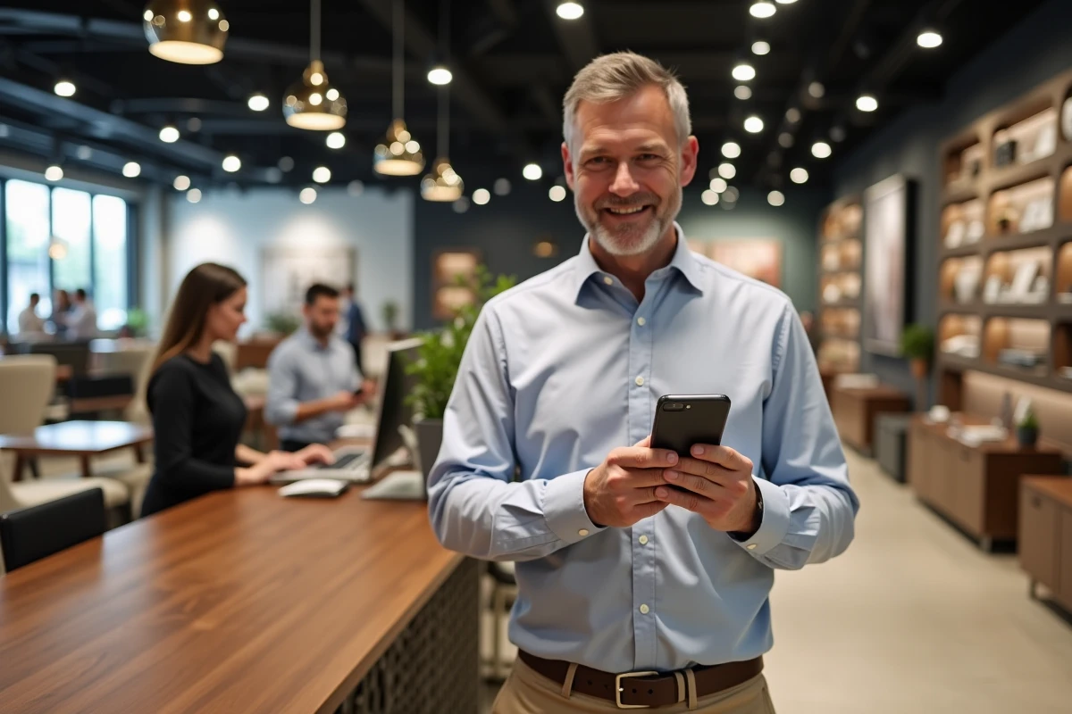 Homme au comptoir de service dans un magasin de meubles