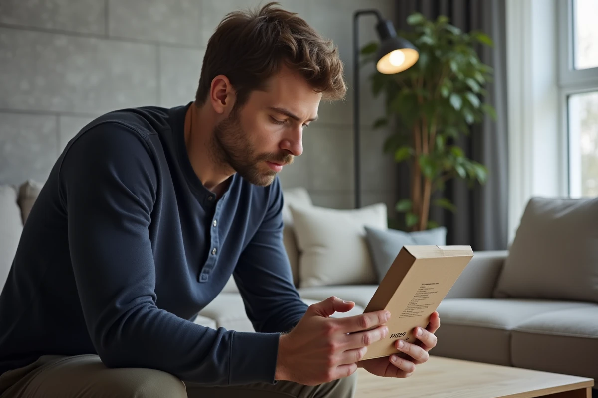 Homme lisant les spécifications sur une boîte d'ampoule dans un salon scandinave avec suspension plafond visible en arrière-plan